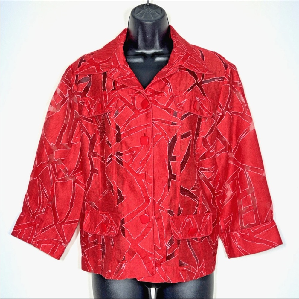 Clara Sun Woo Jacket S Red BurnoutPolyester Rayon Linen Blend Semi Sheer 3/4
